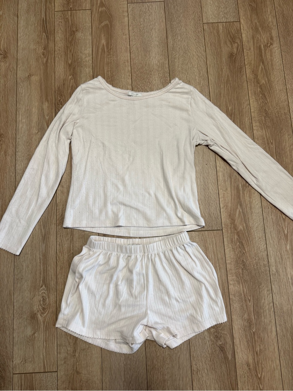 Ribbed Long-Sleeve Sleep Top & Elastic-Waist Shorts Set - Cream